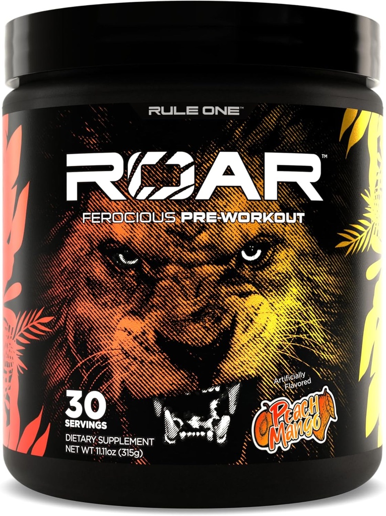 Pravidlo 1 R1 Roar - Powder pre-Workout s Kreatínom, Beta-Alanínom, Citrulínom, Electrolytes a kofeínom (30 Servings, Peach Mango)