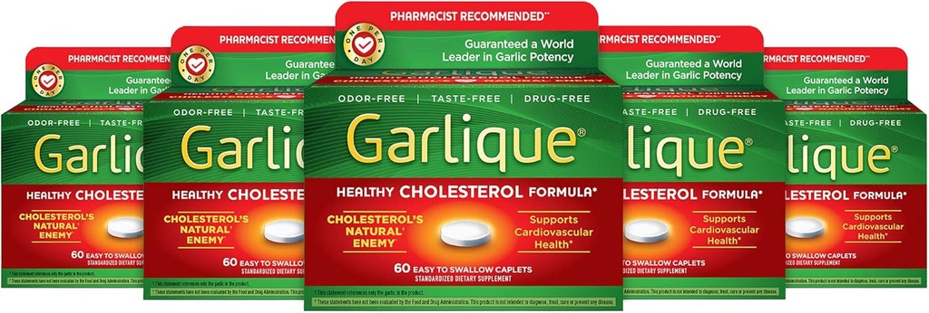 Garlique Healthy Cholesterol Formula s 5000 μg Allicin, 60 Enteric Coated Caplets (Stock of 5)
