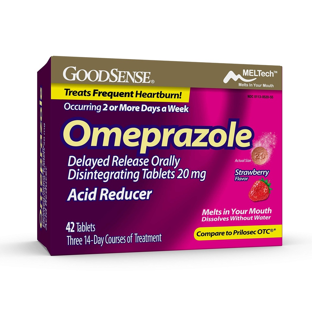 GoodSense Omeprazol Oneskorené uvoľnenie Perorálne rozpadajúce sa tablety 20 mg, Jahodová príchuť, rozpustiť Tabulky, liečbu častého pálenia záhy, zníženie kyseliny, pálenie záhy, 42 tabliet
