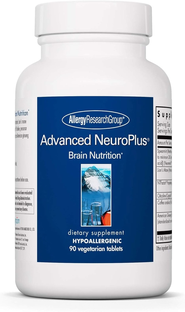 Alergy Research Group Advanced NeuroPlus Supplement - Podpora pamäte a zaostrenia, pre zdravie funkcie mozgu, Lion's Mane, Vegetariánske kapsule - 90 Počet