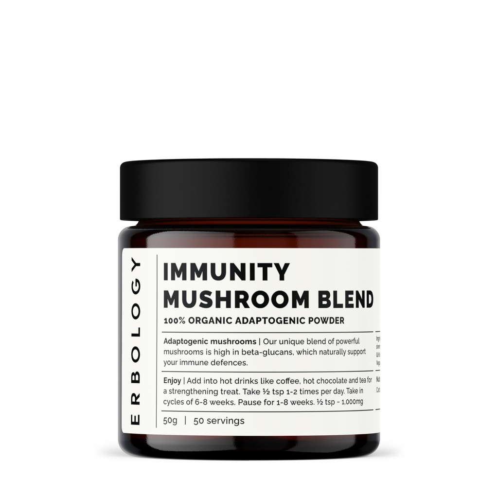 Erbology Organic Imunity Mushrom Complex 50 Slúži - High in Beta-glukány - Reishi, Cordyceps, Lion's Mane, Turkey Tail - Trvalo rastúci v Európe - Vegan - Non-GMO - Žiadne pridané výplne
