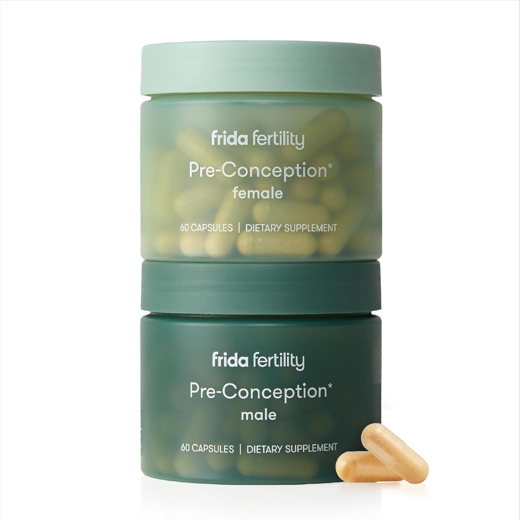 Frida Fertility Pre-Conception Supplement Set, Jeho & Jej denne Vitamíny a minerály pre plodnosť, Vaječná podpora a Sperm zdravie, Kyselina listová, Inositol, CoQ10, 60 Kapsule Každý, 30 dní