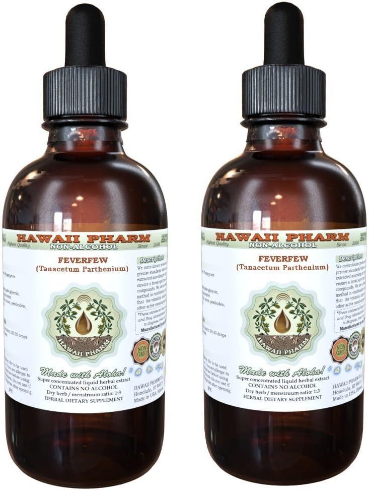 Feverfew bez alkoholu Tekutý extrakt, Organic Feverfew (Tanacetum parthenium) Sušené Herb Glycerit Hawaii Pharm Natural Herbal Supplement 2x4 oz