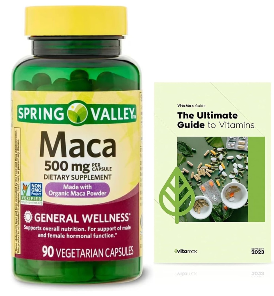 Generic Spring Valley Maca Root 500mg Kapsule, Organické Maca Root pre ženy a mužov + Exkluzívny VitaMax vitamín Guide (2 položky)