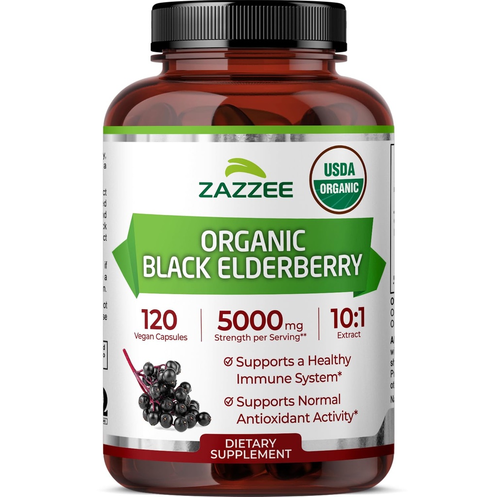 Zazzee USDA Organic Black Elderberry 10:1 Extract, 5000 mg Sila, 120 Vegan Kapsule, 2 mesiace Supply, Standardized, Concentrated 10X Extract, 100% Vegetarián, All-Natural, Non-GMO, Made in The USA