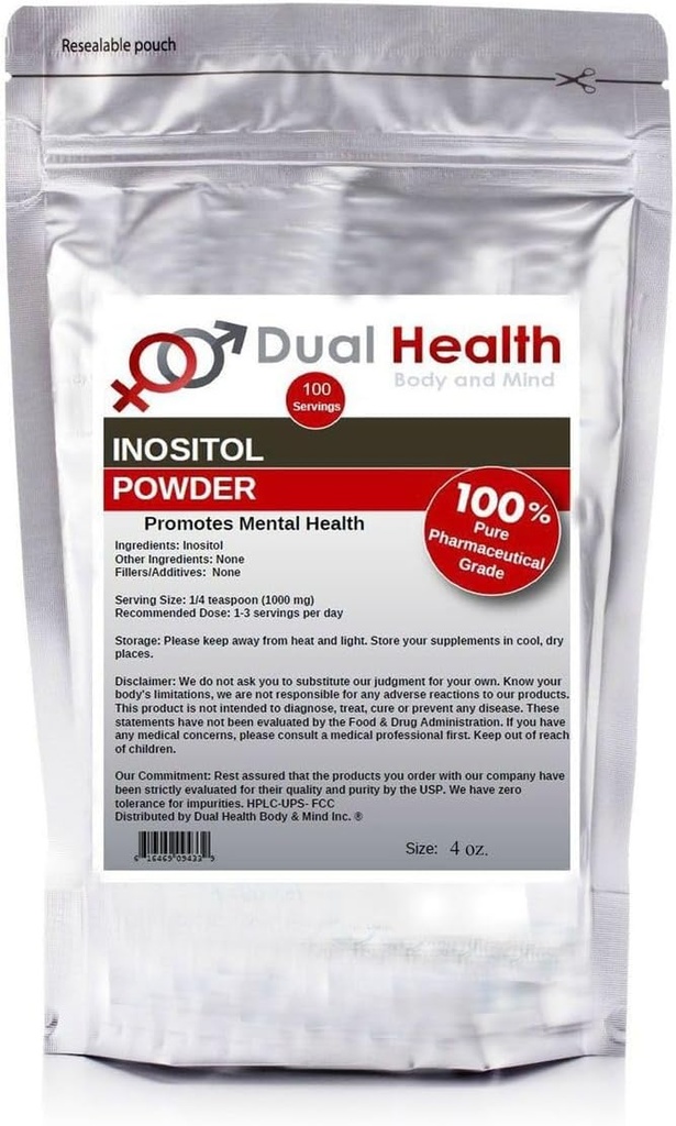 Dual Health Body & Mind Inositol prášok (4 oz) Čistý vitamín B8 Antioxidanty hromadne doplnky 1000 mg na obsluhu