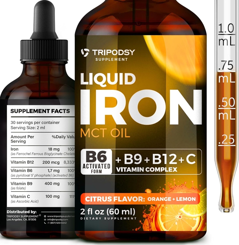 Tekuté železité doplnky pre ženy a mužov - kvapky železa s B6, B9, B12, Vitamín C pre anémiu, Blood Builder, Folát pre červené krvinky a imunitnej podpory MCT olej (2 FL OZ, cirtruc)