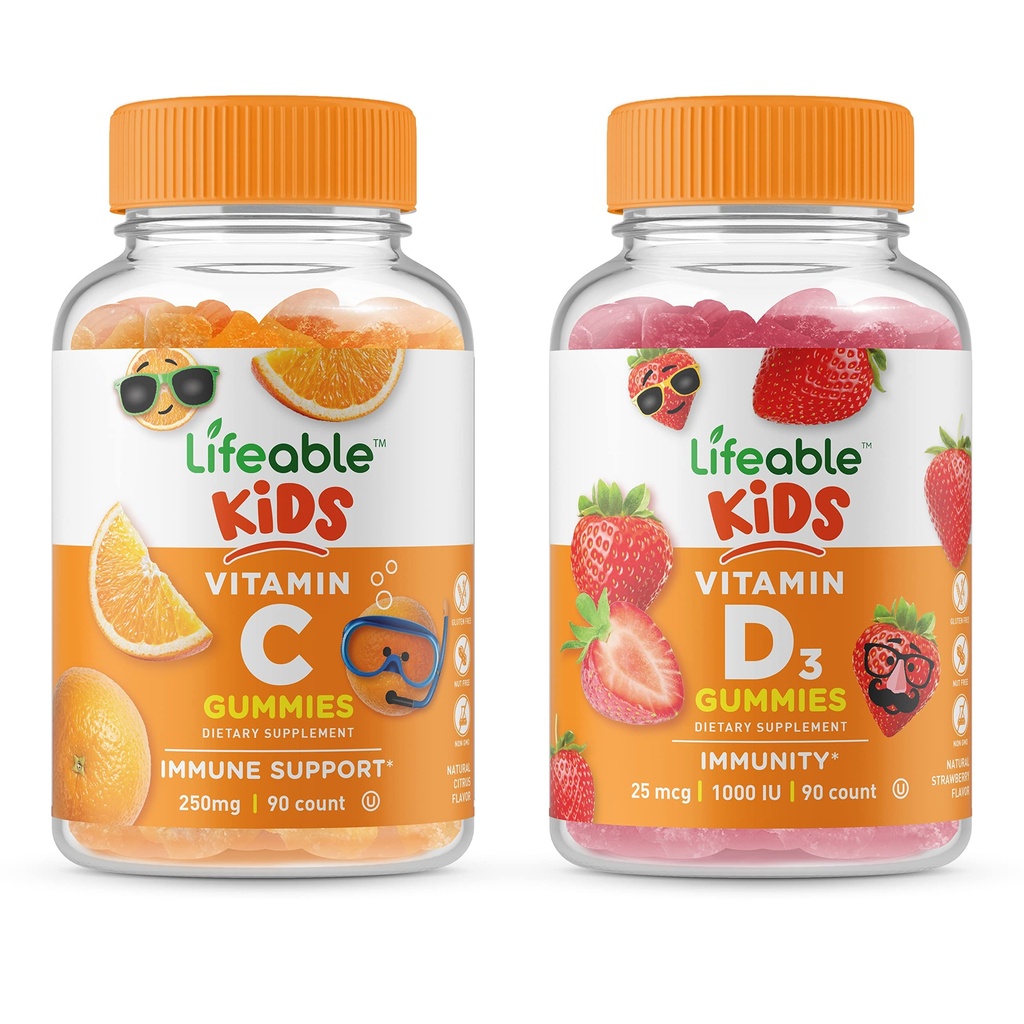 Životaschopné vitamín D deti + vitamín C deti, Gummies Bundle - veľké ochutnávky, vitamín doplnok, bez lepku, bez GMO, žuvacia Gummy
