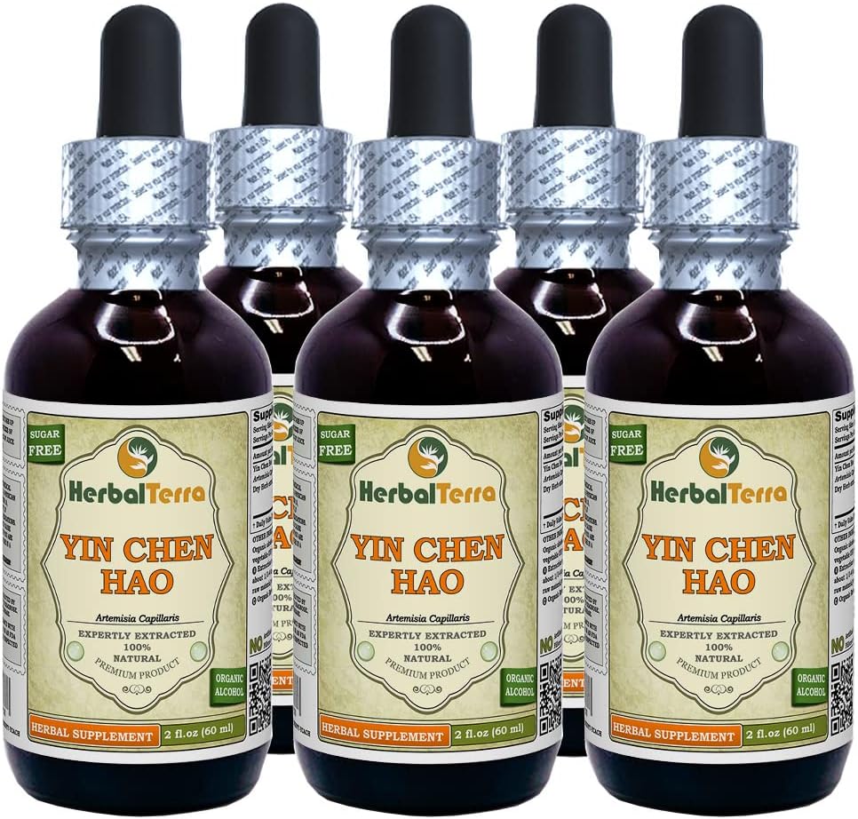 Yin Chen Hao (Artemisia Capillaris) Tinktúra, Organicky sušený rastlinný tekutý extrakt (názov banky: HerbalTerra, hrdo vyrobené v USA) 5x2 fl.oz (5x60 ml)