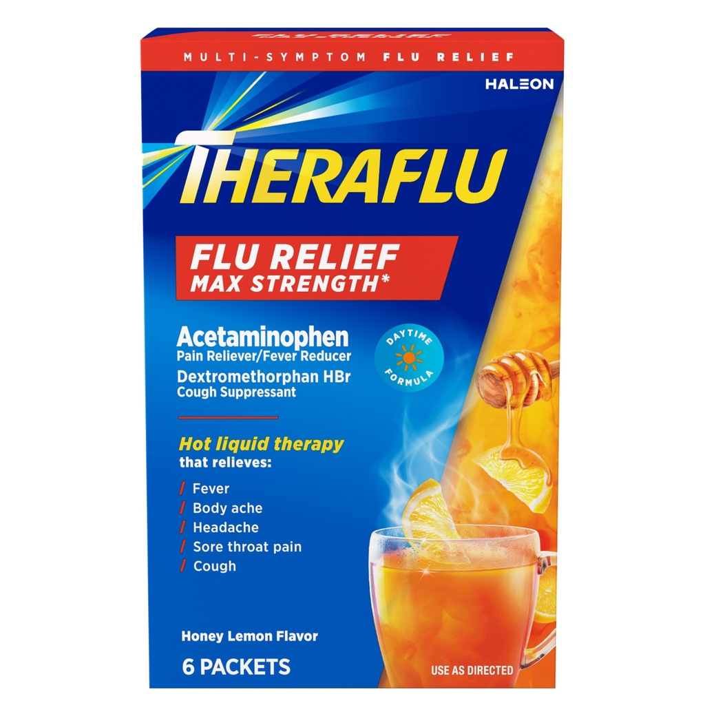 Theraflu Max Strength Daytime Flu Medicine for Flu Symptom Relief with Acetaminophen and Dextrometorfan HBr, Honey Lemon Ochutené - 6 prášok pakety