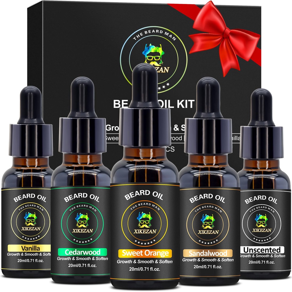 XIKEZAN 5 balenie medvedí olej sada w/Sandalwood, pomaranč, Vanilla, Cedarwood, Nevoňajúce pre starostlivosť o medvedí, Hydratačné, Sofen, Birthday darčeky pre mužov mu otec Manžel Vianočné darčeky Pneumatiky