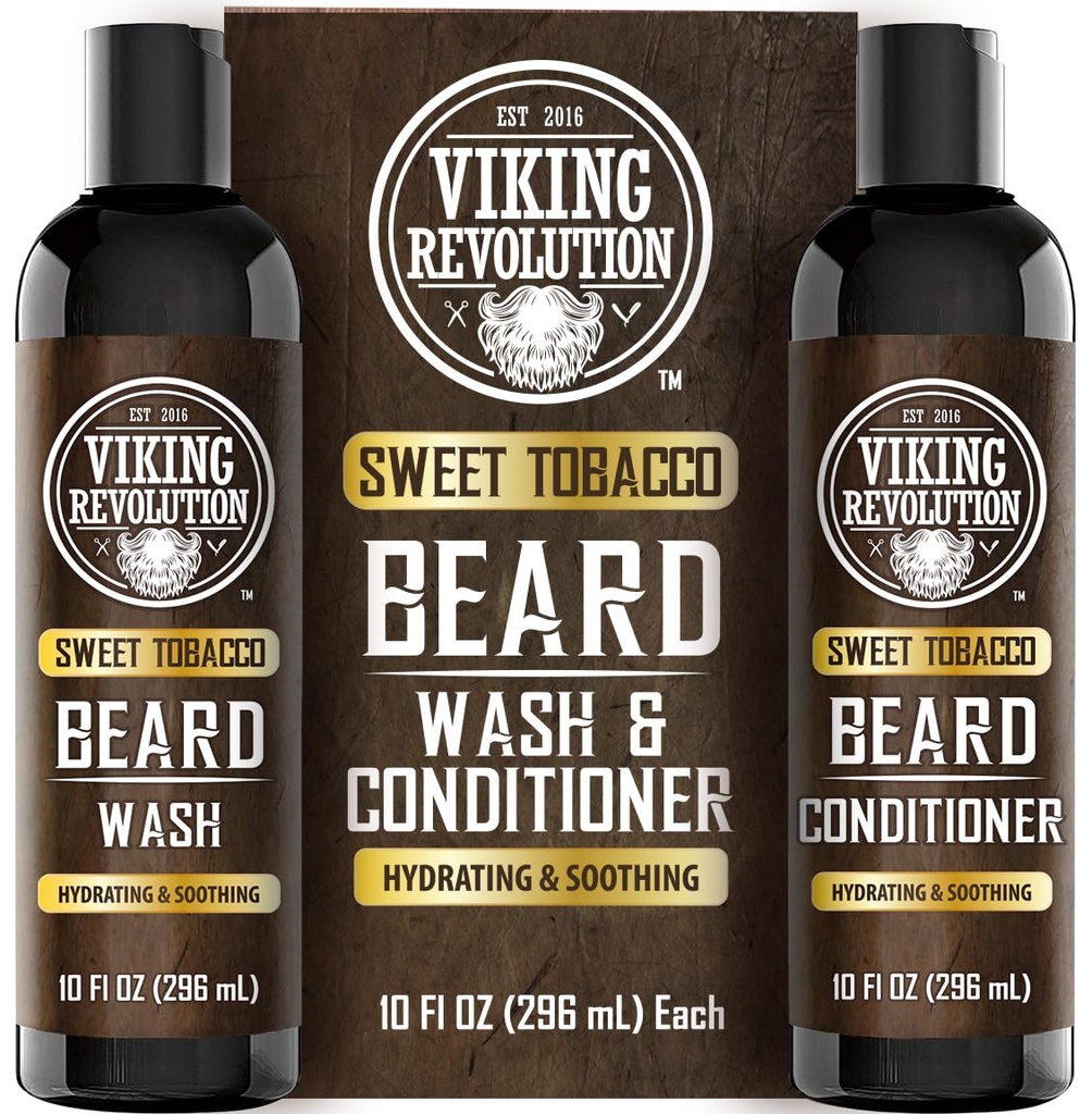 Viking Revolution Beard Wash and Beard Conditioner pre mužov s arganovým olejom a jojobovým olejom - Zmäkčovač a spevňovač medvedí šampón a kondicionér s medvedím olejom (10oz, sladký tabak)