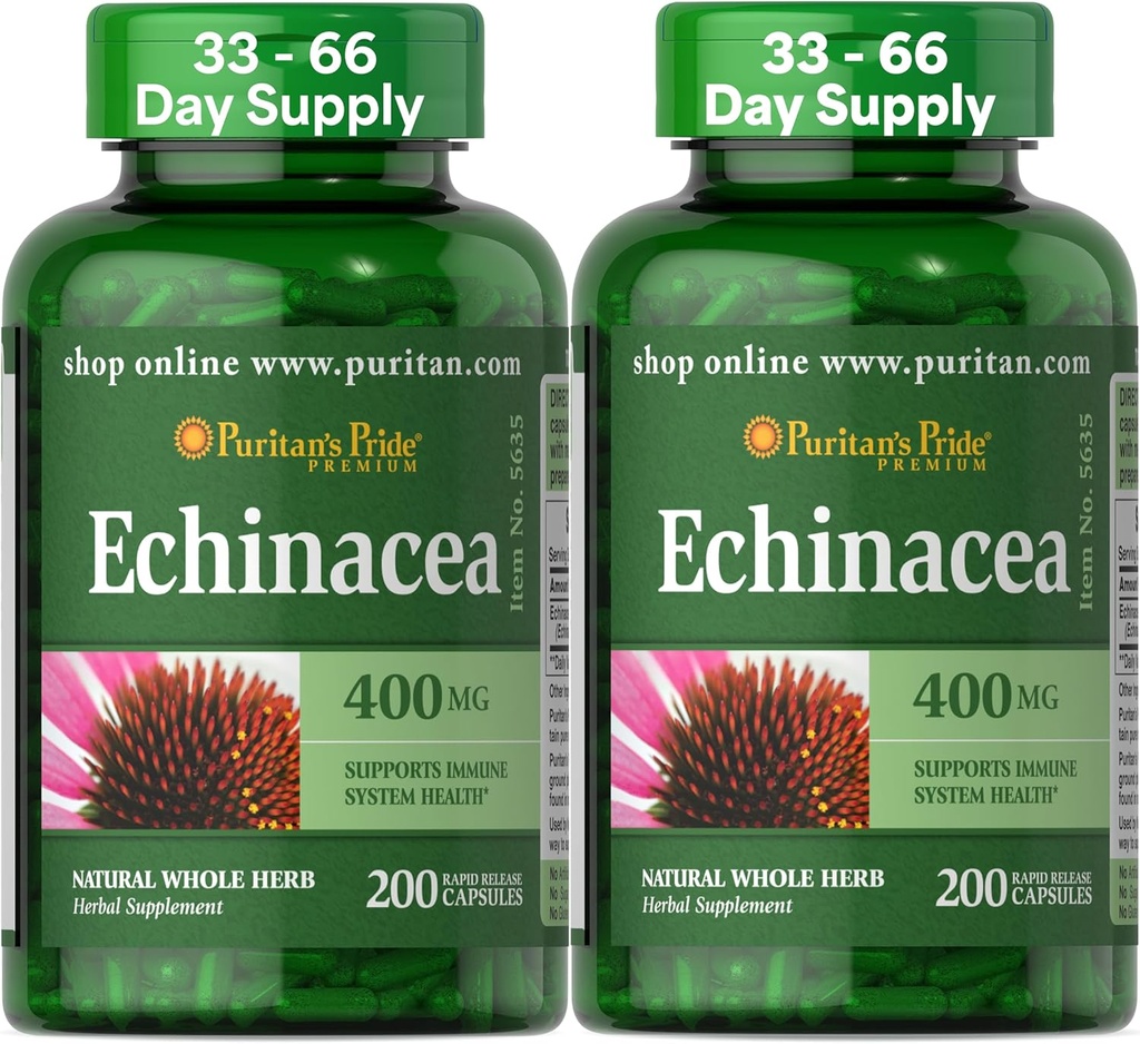 Puritán je Pride Premium Echinacea Natural celý bylinný doplnok 400 mg, Diétny doplnok pre zdravie, Imunitný systém podpora, 200 Rýchle uvoľnenie Kapsule, 2 balenia