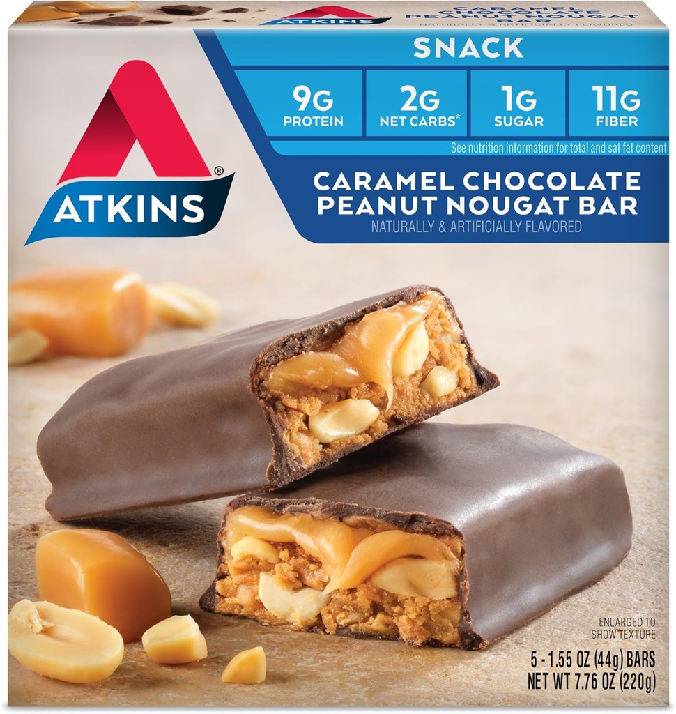 Atkins Karamel Čokoláda Arašidové Nougat Snack Bar, Protein Snack, High in Fiber, 2g Cukor, Keto Friendly, 5 Počet