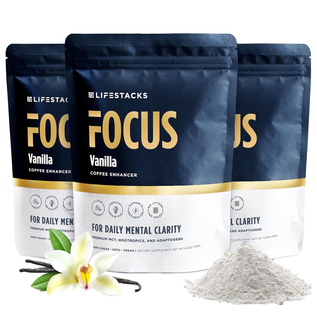 Vanilkový MCT olej 3-Pack - Boost Energy & Clarity - MCT Powder + Nootropics + Adaptogény pre zvýšený kávový zážitok - Keto, Vegan, 0 Cukor - s taurínom, L-Tyrosine, Rhodiola a ďalšie