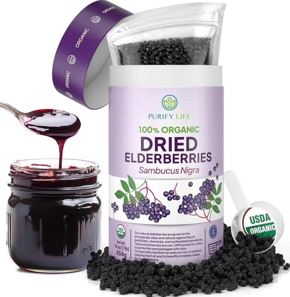 USDA Organicky sušené plody 1lb hromadne (Safest balenie, odolná taška, BPA-free odmerka) Prírodné, neožiarené, Surové celé čierne plody, imunitná podpora, Sambucus bazalky sirup, 1 libra