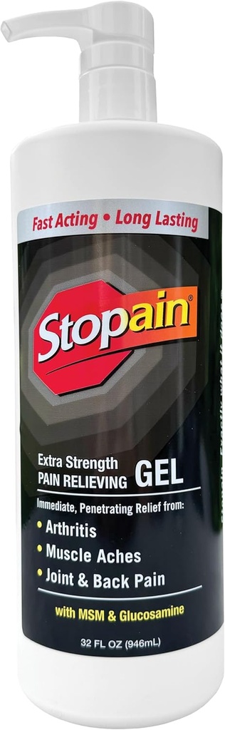 Stopain Pain Relief Gel 32oz, USA Made, Max Strength Fast Acting with Menthol, MSM, Glukozamín pre bolesť kĺbov, bolesť chrbta, Artritída, Koleno, Krk bolesť, HSA FSA Schválený OTC Topical Analgyic Product