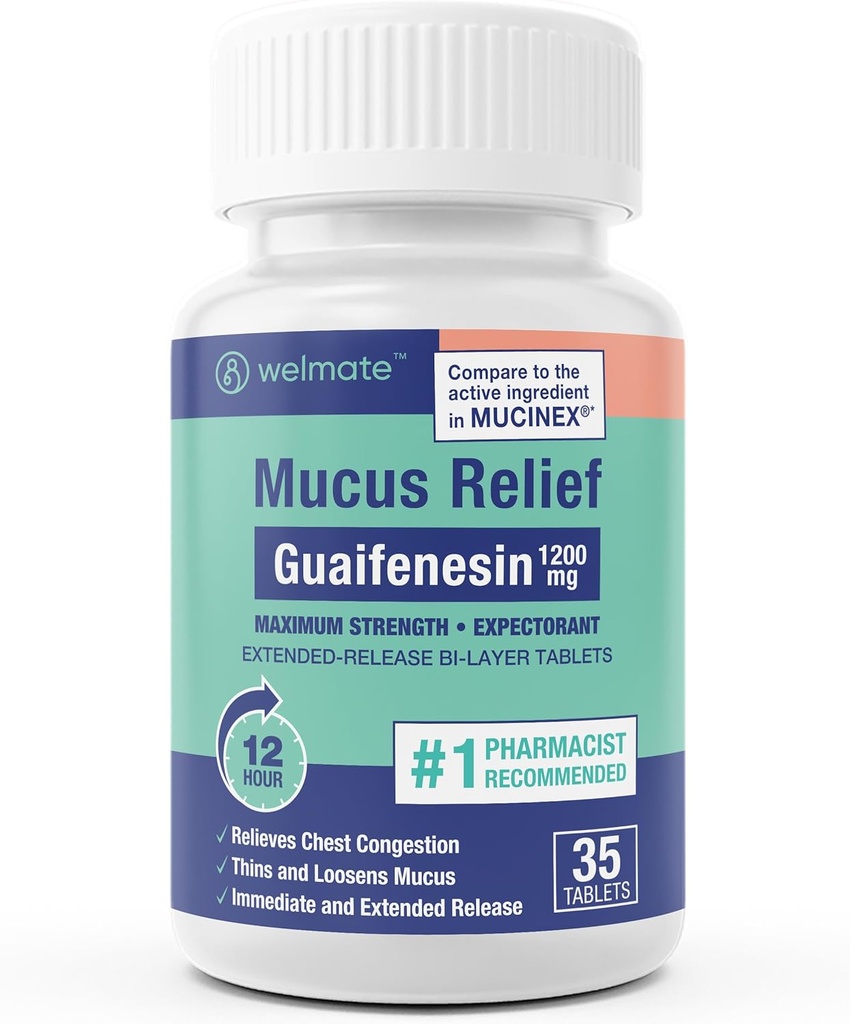 WELMATE - Guaifenesin 1200 mg (35 tabliet) - Mucus Relief - Explorant - Kašeľ & Cold - 12 Hr Support - Extended-Release Bi-Layer Tablets - Over-The-Counter Medication