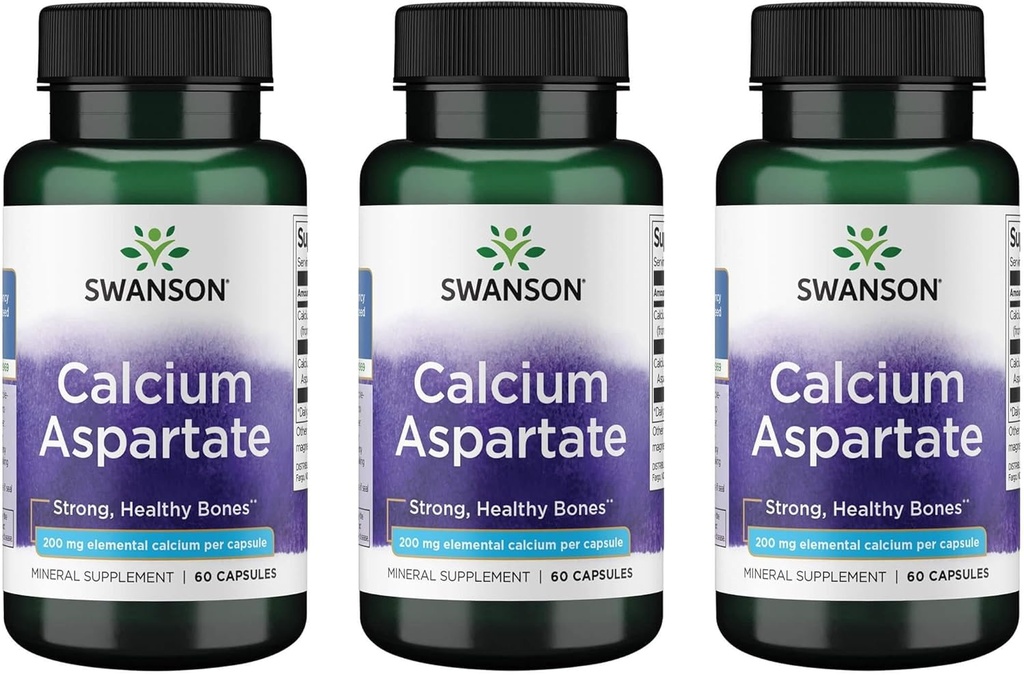 Swanson kalcium aspartát - Bylinné doplnky podporujúce kosť, srdce, a zdravie svalov - Prírodná formula Podpora celkového telesného wellness - (60 Kapsule-200mg Každý) (3 balenie)
