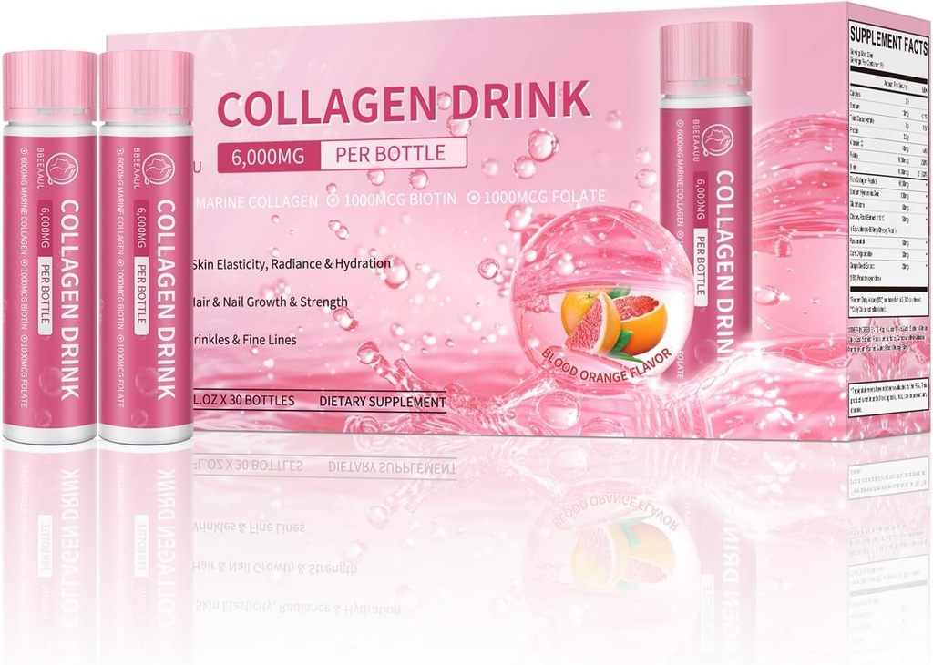 Kolagén Drink s 6000 mg Marine Collagen Peptides, Liquid Collagen Shots for Women Support Beauty, Collagen Supplements for Skin, Hair and Nail Wellness, 0,85 Fl.Oz(25 ml) x 30 Bottles, Blood Orange