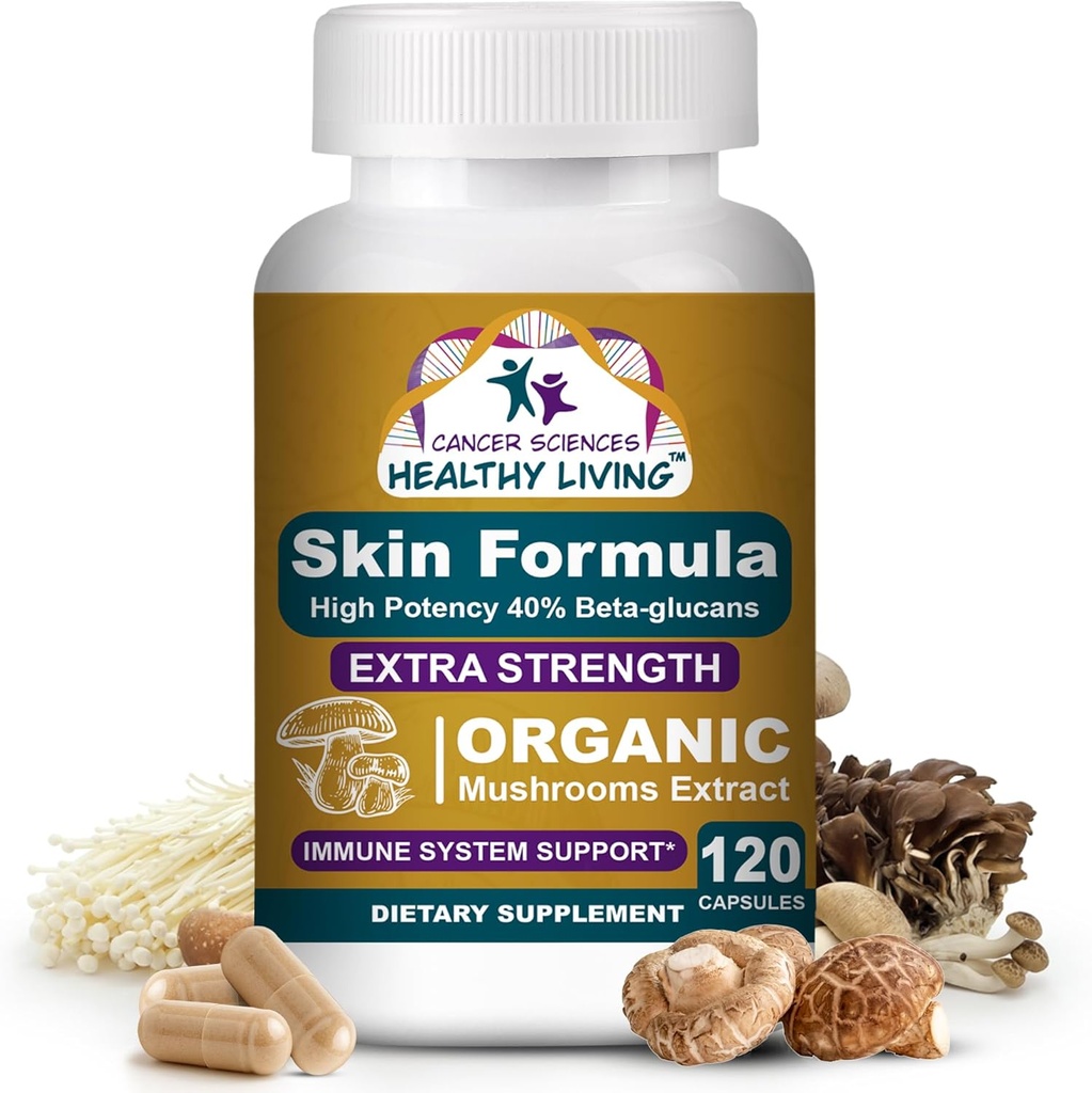 Cancer Sciences Skin Wellness Supplement, USDA Certified Organic Extract Huby Supplement, Extra Strength 1,500 mg, High Potency 40% Beta-Glucans, Immune Support, Glowing Complexion, 120 Kapsule