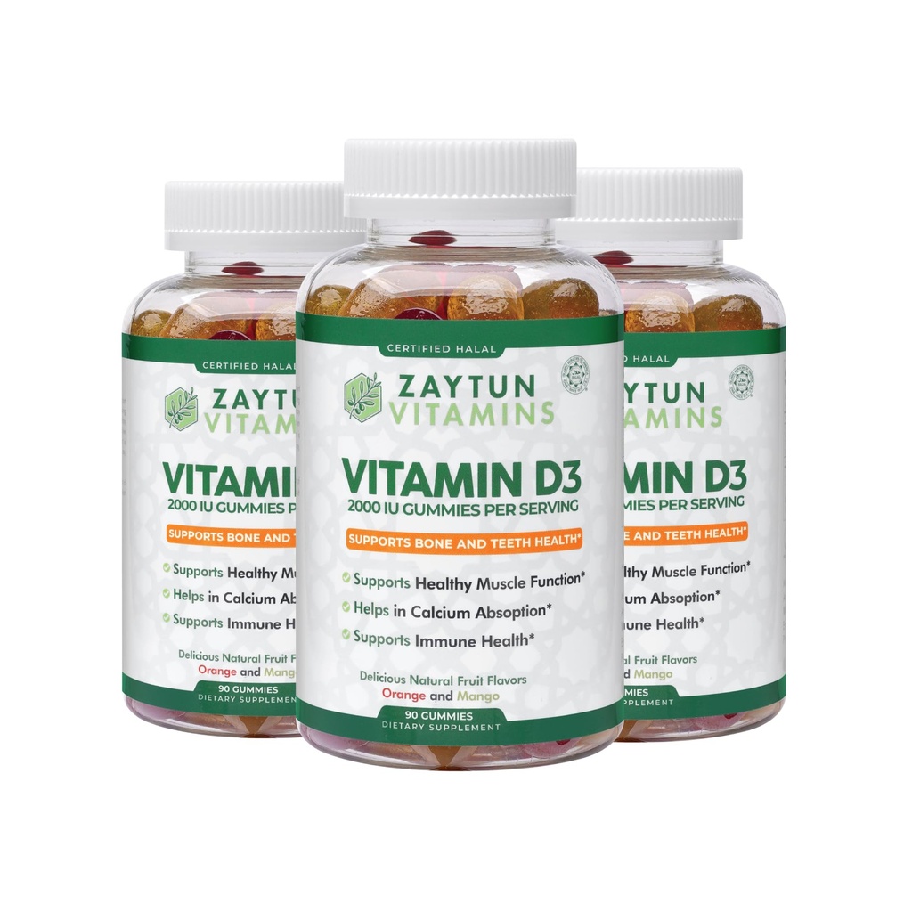 Zaytun Halal Vitamín D3 2000 IU Gummy, podporuje zdravie kostí a imunitného systému, podporuje svalovú funkciu, bezlepok a želatíny, (3-Pack) - Made in USA