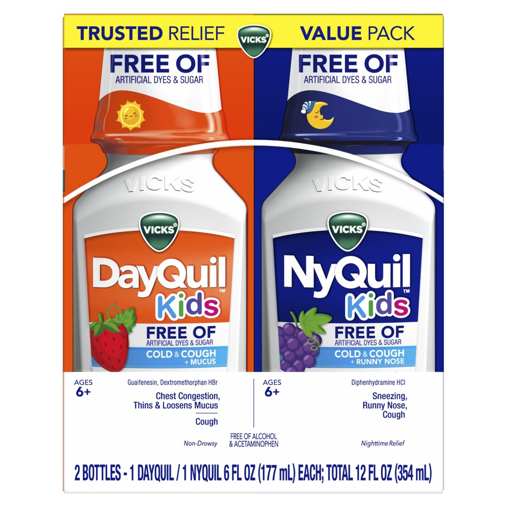 Vicks Kids DayQuil & NyQuil Cold & Cough Relief Liquid Co-Pack, bez umelých farbív a cukru, Multi-Symptom Relief of Cough, Dýchanie, Runny Nose, Muse, a hrudníka, pre vek 6+, 2x6oz