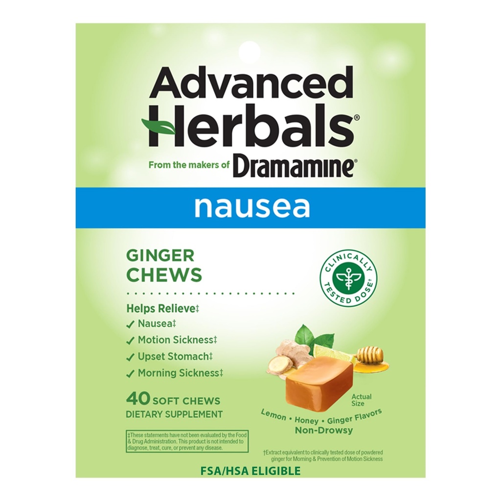 od Tvorcov Dramamine, Advanced Herbals, Ginger Chews, Nausea Relief Soft Chews Lemon-Hone-Ginger, 40 Počet