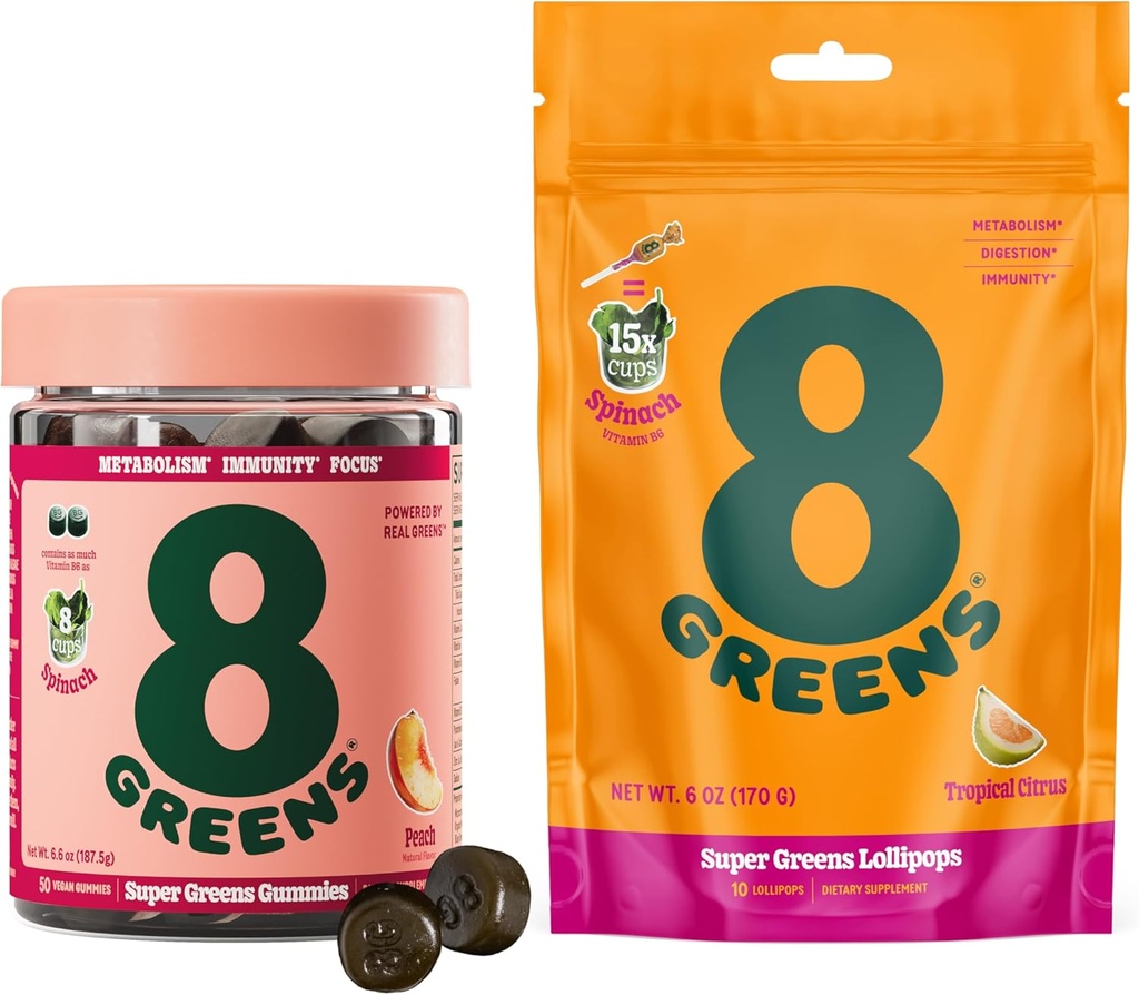 8 Zelené denné zelené Gumičky a lízatko, Energetická a imunitná podpora,Gluten-free, Vegan, Non-GMO, Žiadne umelé farby a príchute