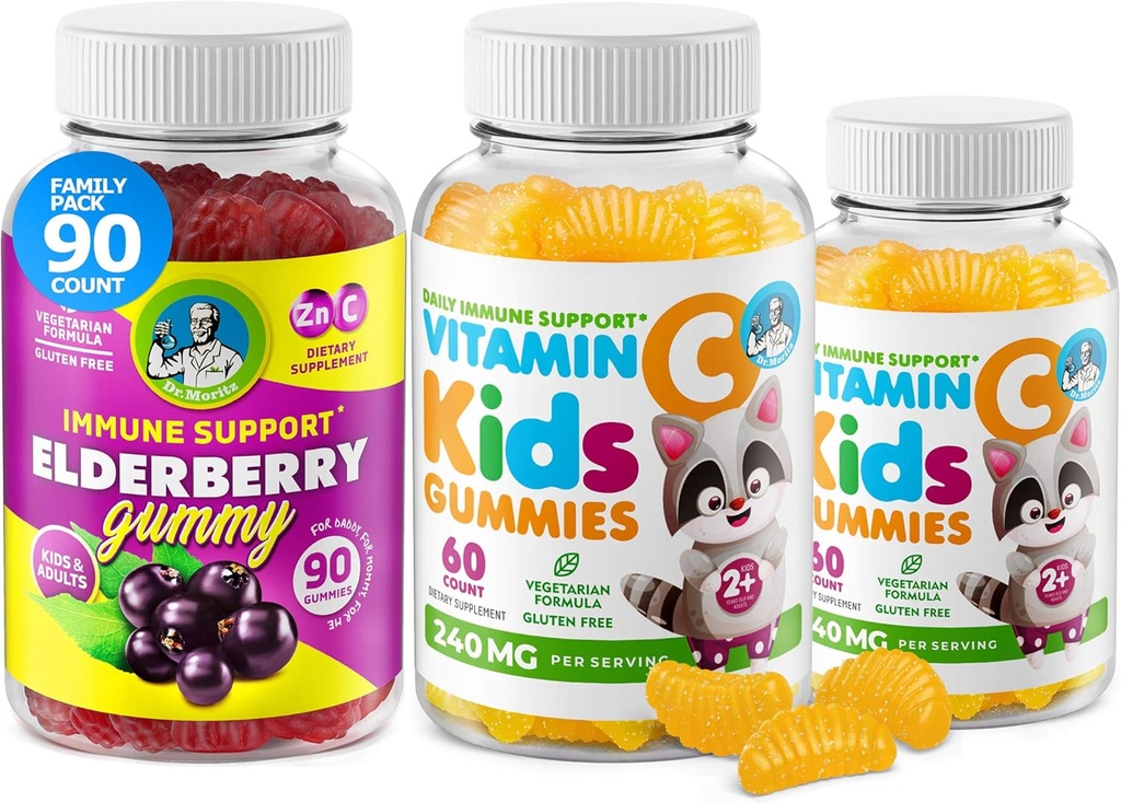 DR. MORITZ vitamín C Gummy a bazové guličky pre deti a dospelých - Imunitná podpora nízkocukorové žuvacie vitamíny pre batoľatá - Vegetariánska želatína bez detskej diétnej doplnky