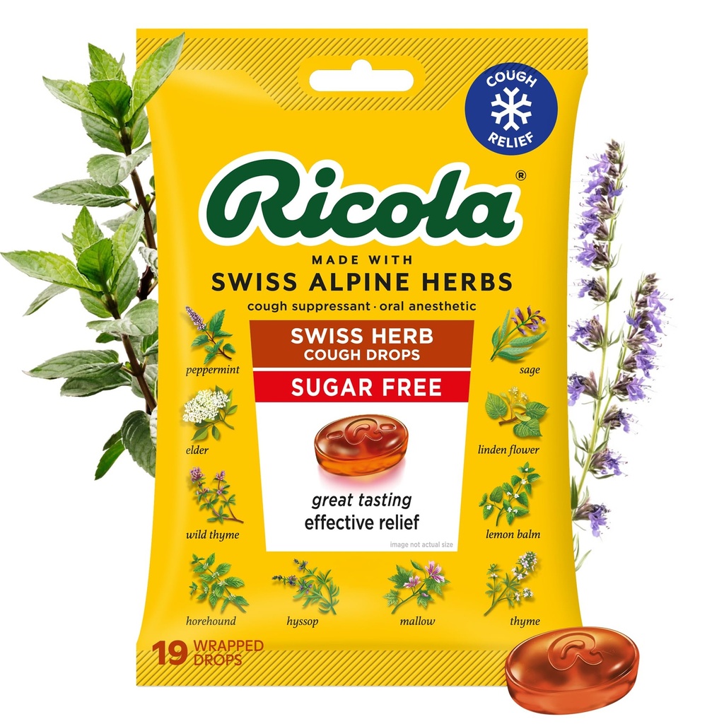 Ricola Sugar Free Swiss Herb Kašeľ kvapky, 19 Gróf, Kašeľ Potláčač a Hrdlo Uľavenie kvapky s prirodzeným zdrojom Mentol, Pleasing Chute pre Kašeľ a Hrdlo Symptom úľava