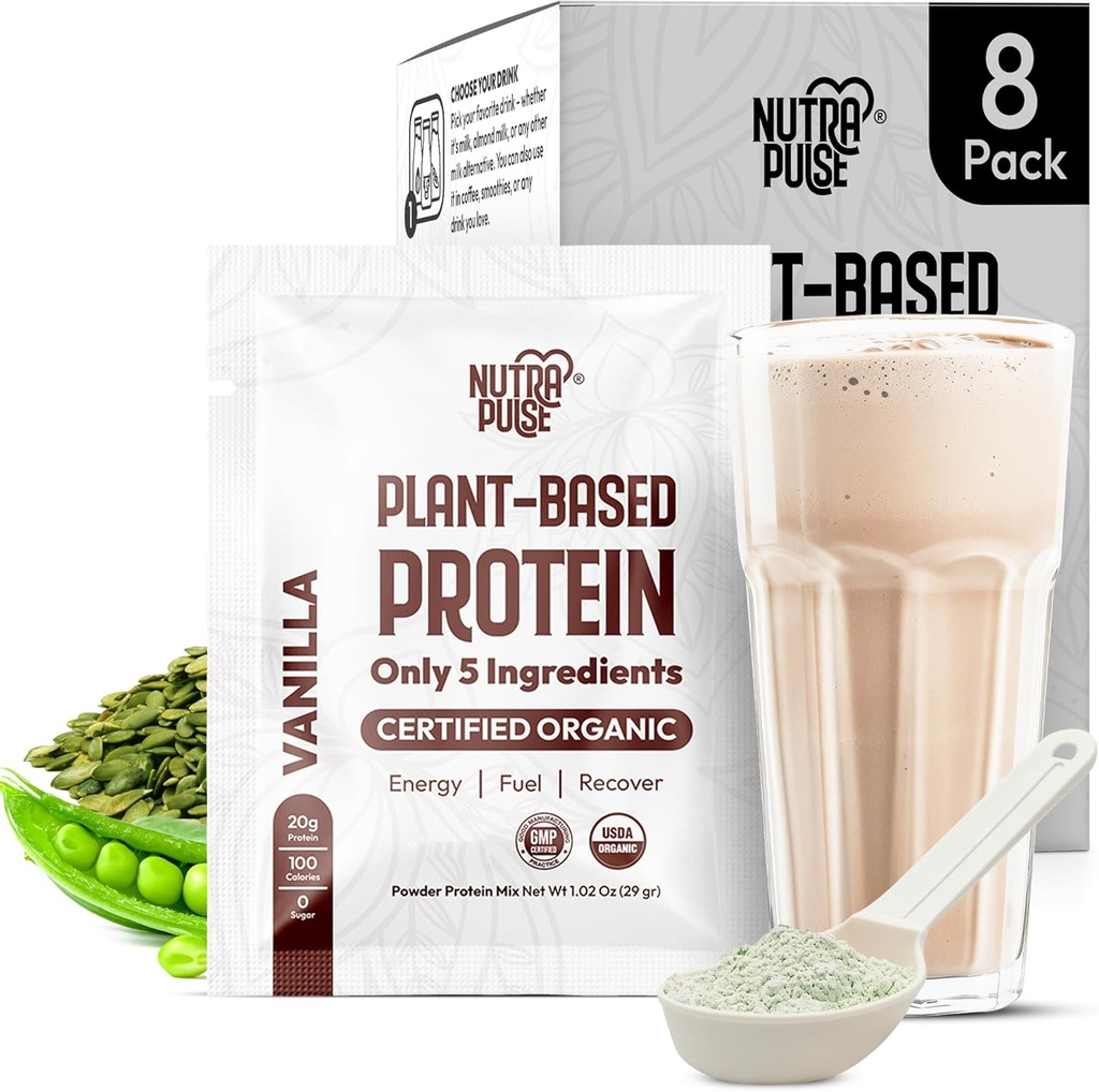 Organický vegánsky proteín prášok Sample Pack - Rastlinné na báze proteínu, Gluten-free, Non GMO, 20g Protein per Serving, Skvelé pre smoothies & Shakes (Vanilla, Balenie 8)