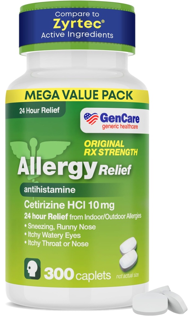 GenCare - Cetirizín HCL 10 mg (300 Caplets) - 24 hodinová úľava voči alergii - Nedýchavá Generic OTC alergia medikácia - Antihistaminika medicína pre sipot, Runny nose & svrbenie oči - Generic Zyrtc