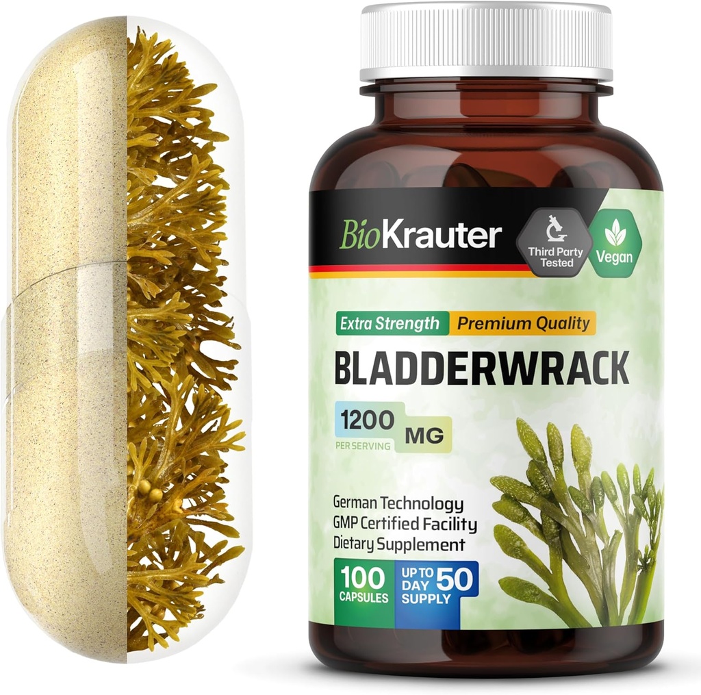 Bladderwrack Kapsule 1200 mg - 100 Počet - Vzorec z prírodného morského zdroja Iodine - Vegan Bladderwrack Powder Caps