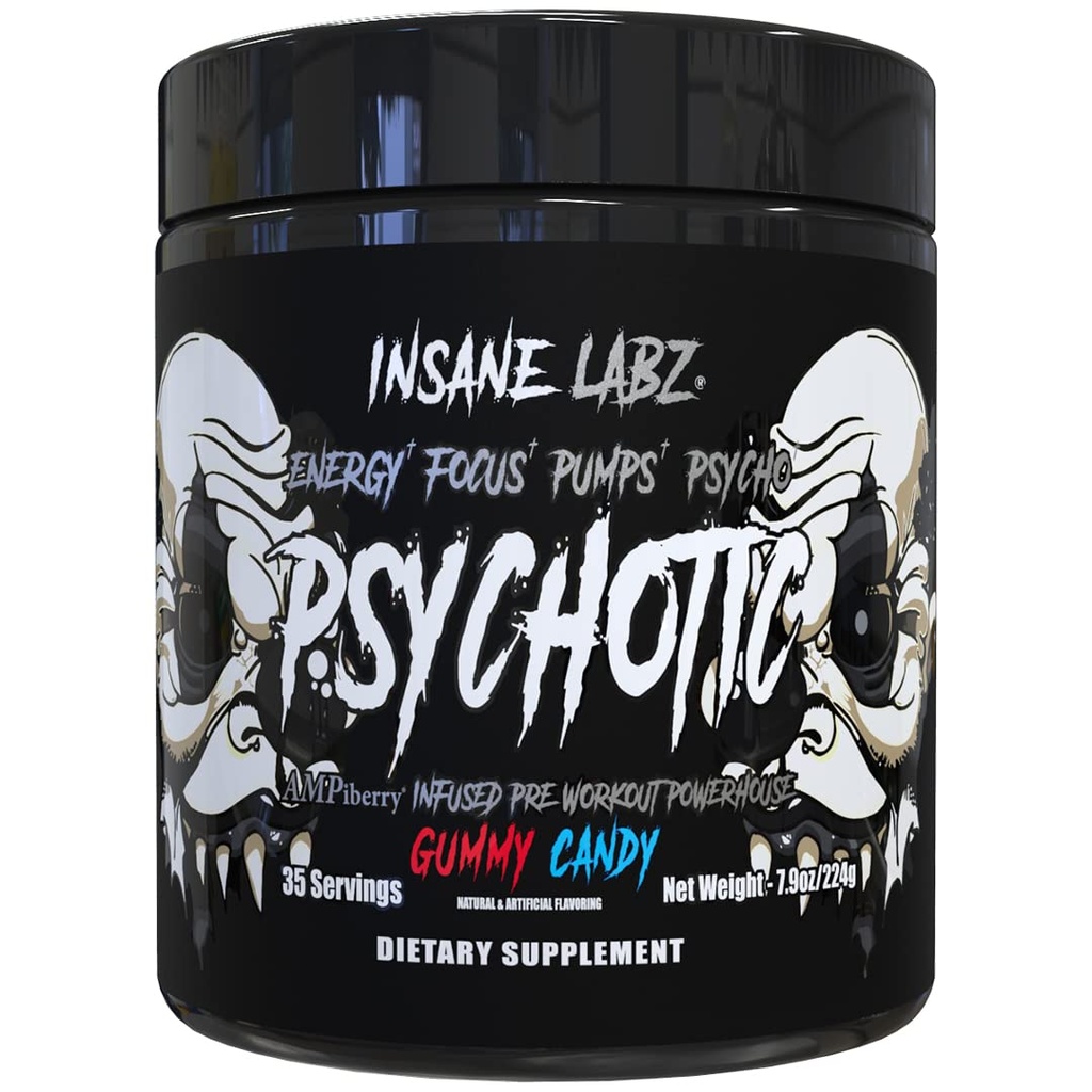 Insane Labz Psychotic Black Edition Mid Stimulant Pre Cvičenie Powder, Energy Focus Čerpadlá, Naložené s Creatin Beta Alanyne Taurine Natankované AMPiberry, 35 Slúži (Gummy Candy)