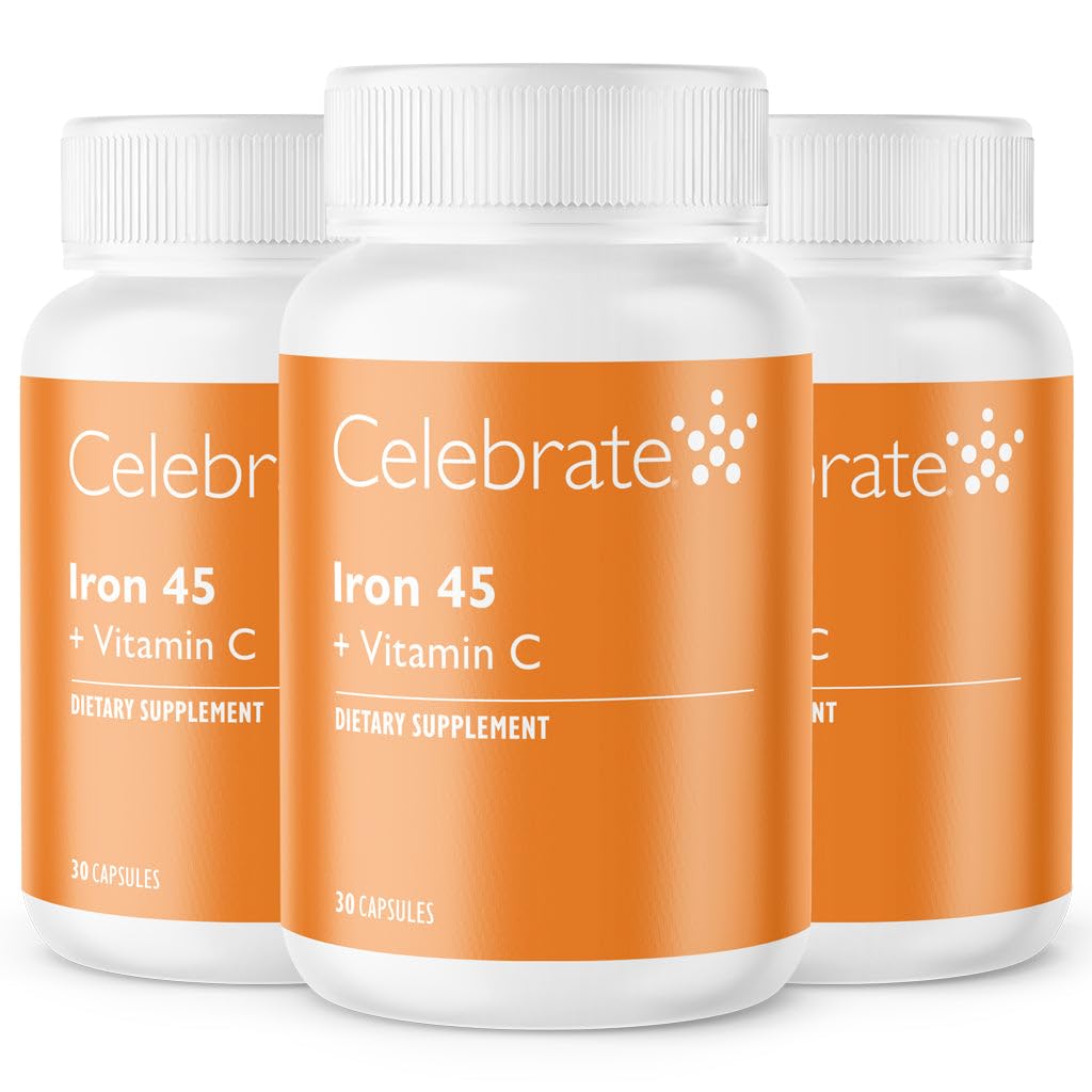 Oslavujte vitamíny Železo Supplement s vitamínom C - 45 mg Železo, 60 mg Vitamín C, Bariatrické vitamíny pre pacientov s WLS, Vertical Sleeve & Gastric Bypass chirurgia (90 kapsúl)