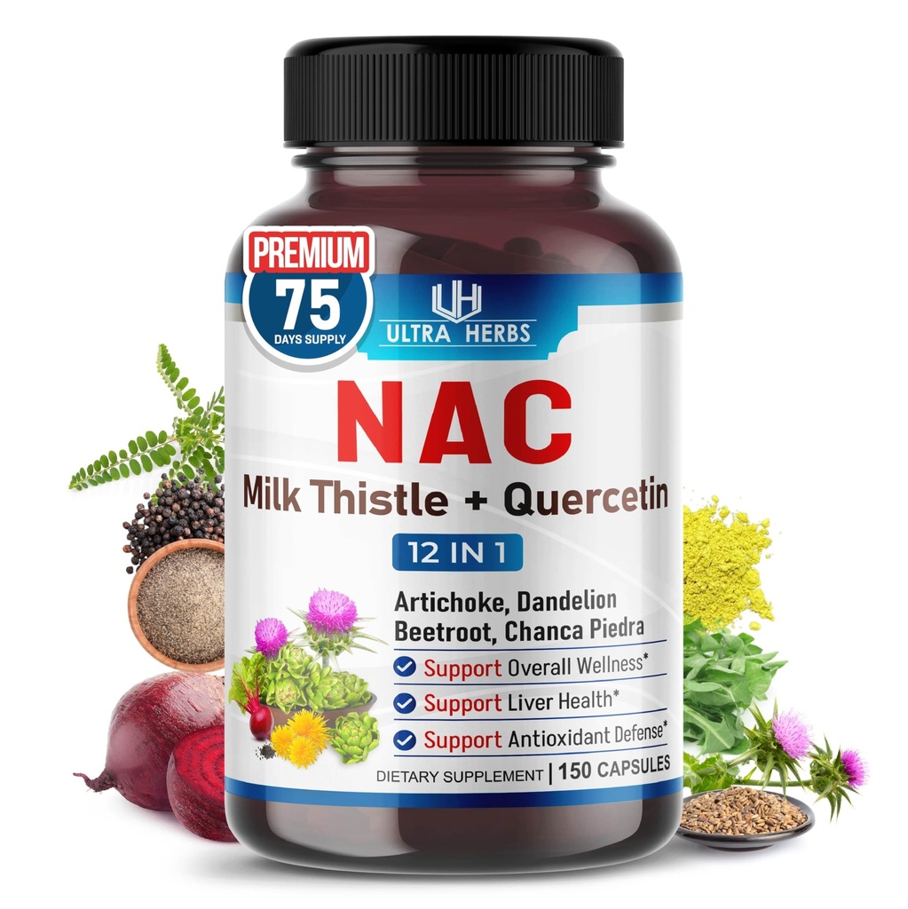 NAC Supplement N-Aetyl Cysteine obohatený o mliečne bodliak, Quercetin - Support Imunity, Respiratory Health & Liver Detox