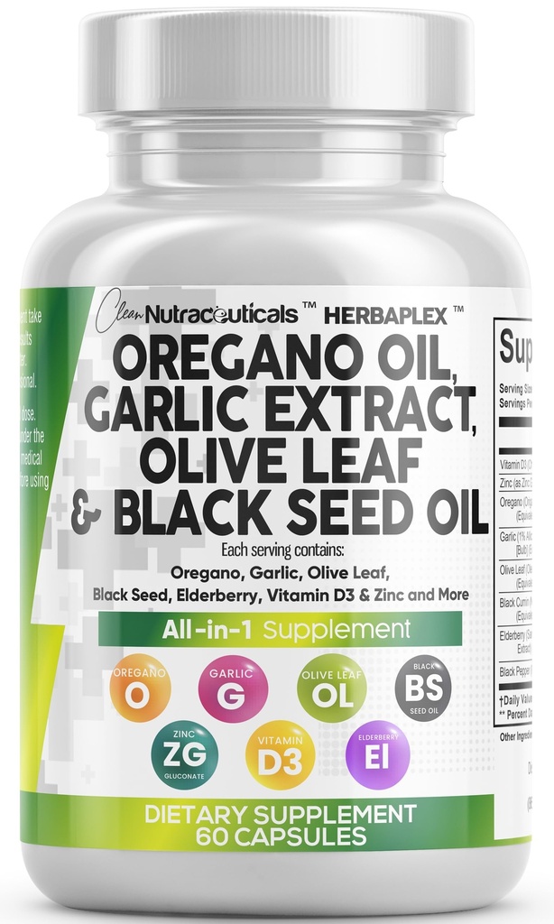 Čistá Nutra Oregano olej s čiernym semenným olejom Cesnak Olive Leaf Extract - olej z Oregano kapsule Imunitná podpora Carvacrol a tymochinón doplnok pre ženy a mužov + bazový vitamín D3 a zinok