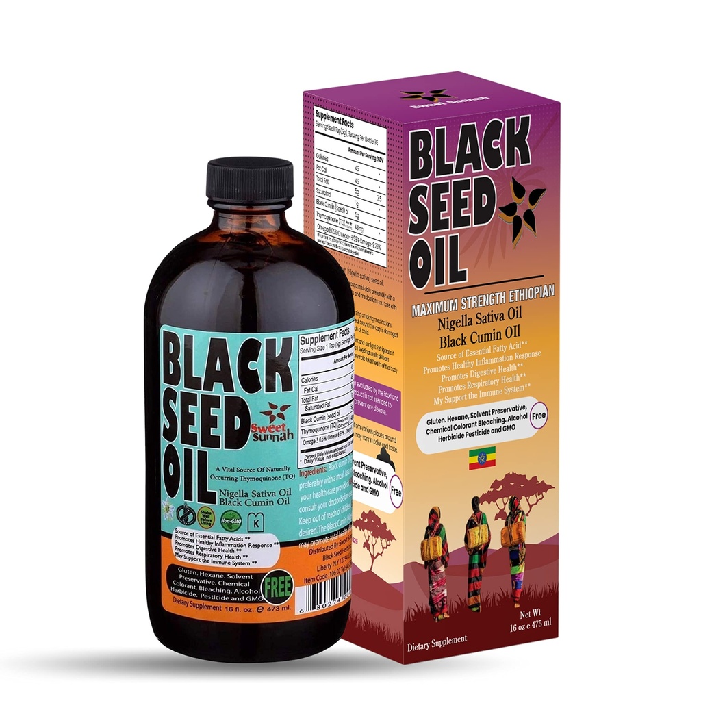 Etiópsky čierny olej zo semien - 3,43% Thymochinónu so studenou potlačou čiernej rasce z Pure Nigella Sativa - prvé lisovanie Blackseed Non-GMO zlepšenie - 16 Oz Sklenená fľaša Sladká Sunna