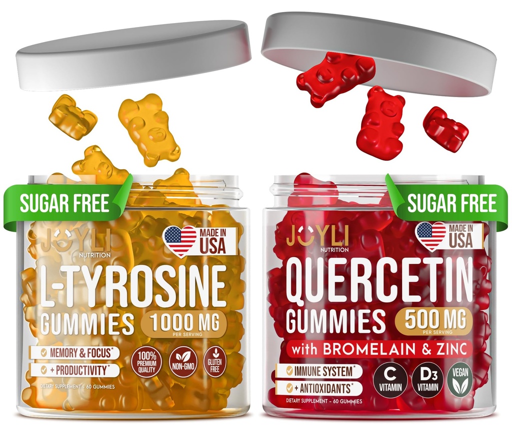 L-Tyrosine Gummies + Quercetin Gummies - L Tyrosine Supplement, Quercetin s vitamínom C - Focus Gummies a Immune Support Gummies - 60 L-Tyrosine pre deti Gummies, 60 Quercetin so zinkom Gummies