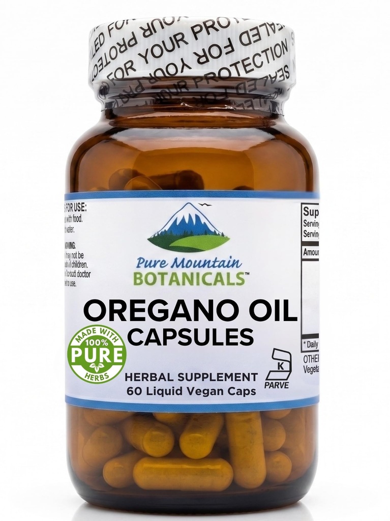 Pure Mountain Botanicals Oregano Oil Capsules - 60 Vegan Caps - 510mg Oil of Oregano - Carvacrol 70% - Kosher Herbal Supplement