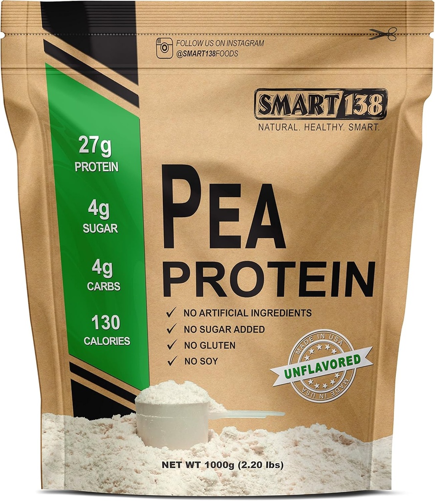 100% Pure Pea Protein, Ultra Smooth Powder, Vegan, Gluten-Free, Soy-Free, Dairy-Free, Non-GMO, USA/Kanada, Keto (Low Carb), Natural BCAAs (1000g / 2,2lbs, unflavored)