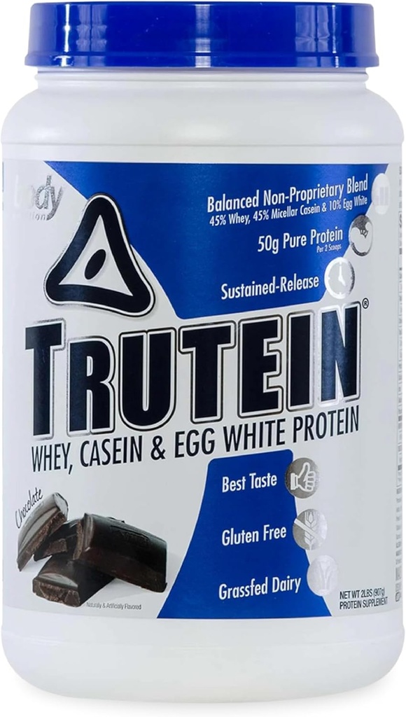 Prášok s vysokým obsahom bielkovín v tele Trutein: 45% srvátka, 45% Casein, 10% Vaječný biely proteín Shake Mix, bezlepkový, s nízkym obsahom sodíka, nízkokarbový proteínový prášok prášok pre mužov a ženy, čokoláda, 2lb