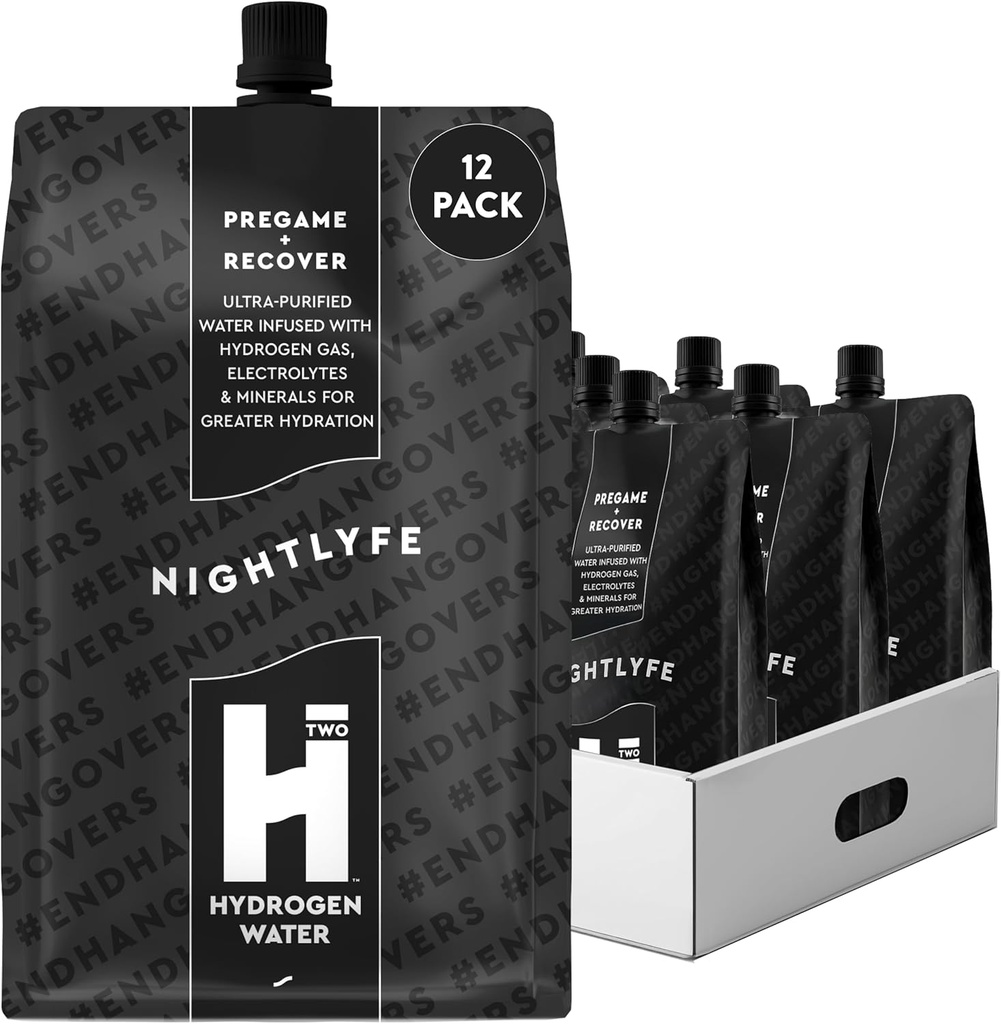 HTWO Nightlyfe Recovery, 16.9oz Premium Hydrogen Infunded Water with Electrolytes, Vitamíny, and Minerals, 12-Pack, Funkčné hydratačné pakety pre obnovu a duševnú jasnosť, bez cukru