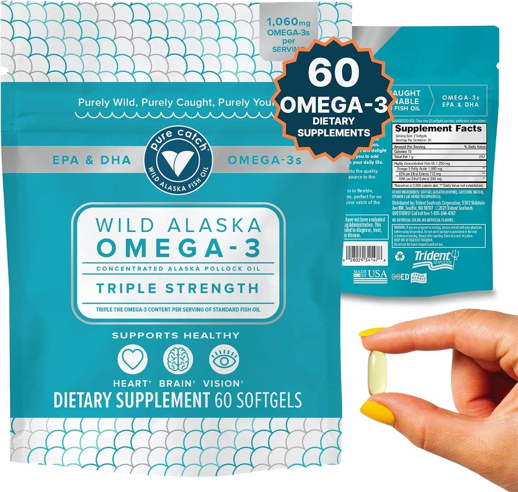 Trident Seafoods Pure Catch Wild Aljašský rybí olej 1060mg Triple sila Omega-3 rybí olej doplnok pre ženy a mužov - EPA a DHA - 60 Ct. Daily Citrus Soft Gel podporuje srdce, mozog, a Vision