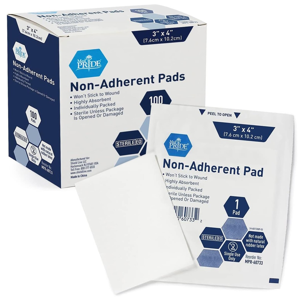 MED PRIDE Sterilné Non Stick Pads for Wound Care and Wounds, Highly Absorbent, Bezbolestné odstránenie, Individuálne zabalené (3x4 palec (pack of 100))