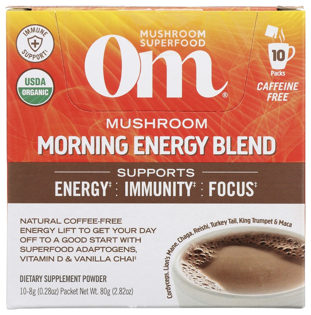 Om Mušroom Superfood Morning Energy Blend Mušroom Powder Drink, Coffee Free Energy Drink with Cordyceps, Vitamin D2, Agaricus Bisporus, Lion's Mane, Rhodiola, and Turkey Tail, 10 Gróf, 2.82 Oz