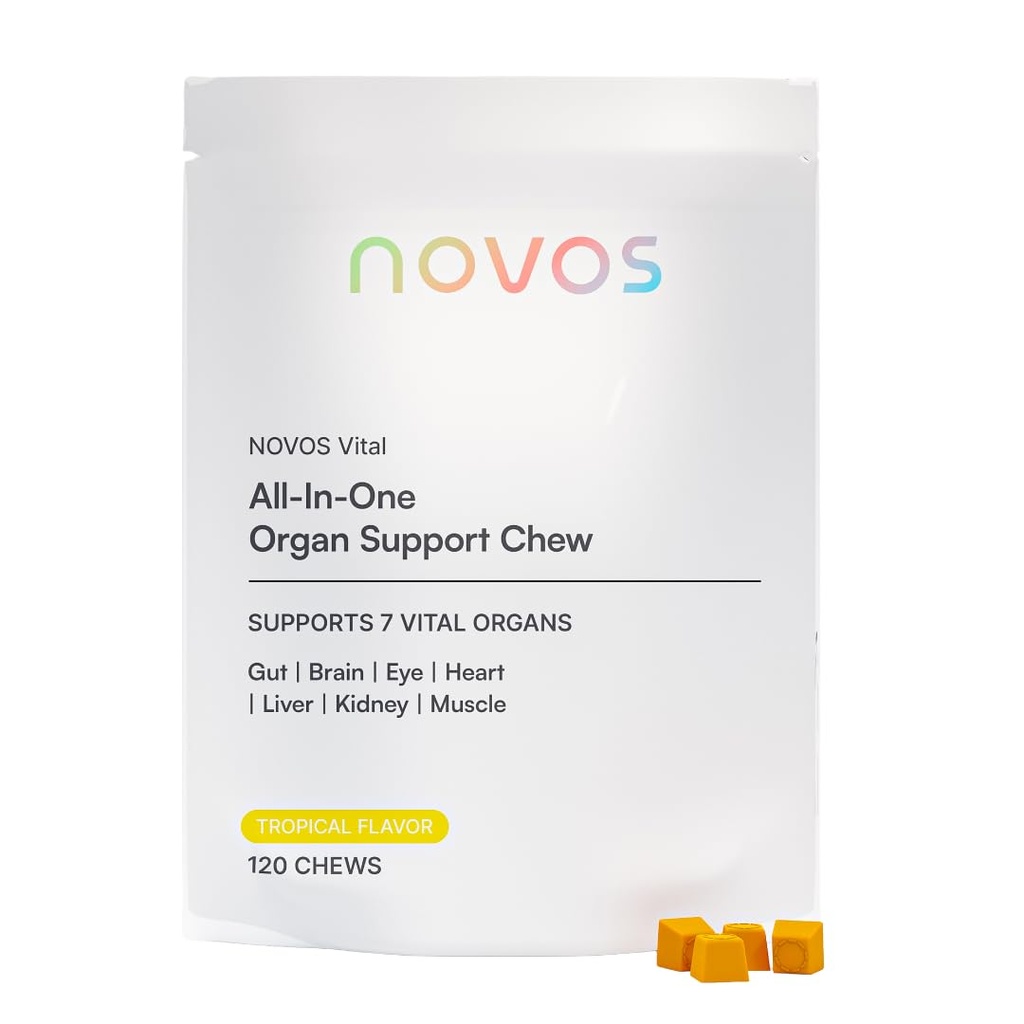 Novos Vital Nutritional Supplement Chews for Organ Pečeň, mozog, oči, srdce, Gut Support - Nattokináza, lutein, Inulin, Rutin, Tropical Flavor (120 Počet)