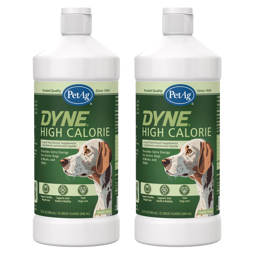 Pet-Ag Dyne High Calorie Liquid Nutritional Supplement for Psi & Šteniatka 8 Týždne a staršie - 32 oz, Balenie 2 - Podporuje výkon a vytrvalosť - Sladká Vanilková aróma