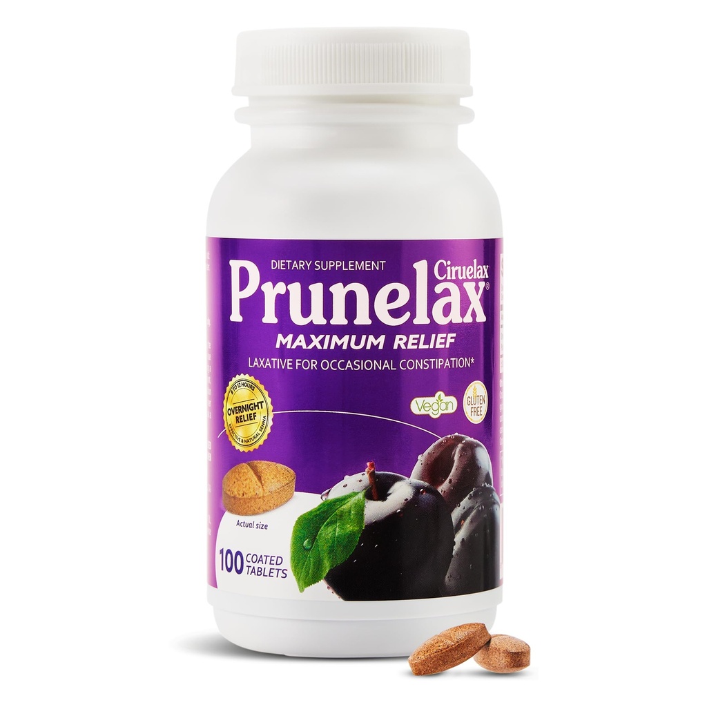 Prun relax Cirulax Maximálna úľava Laxatívne tablety s prírodnou sennou pre príležitostné zápcha, Senna extrakt, Vegan & Gluten-free, jemne Jednodňové Relief - 100ct